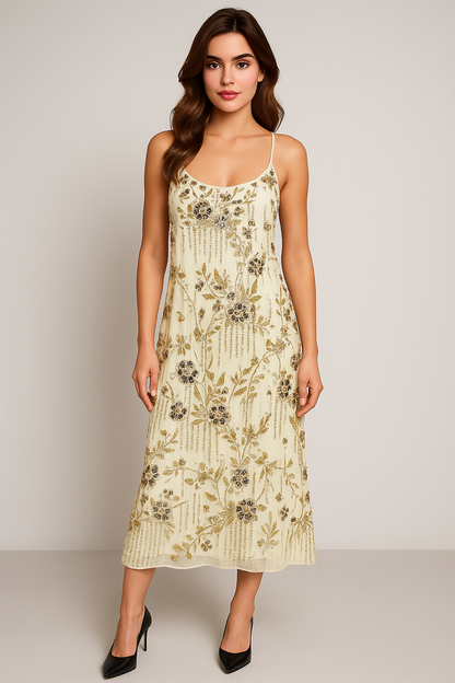 Golden Floral Embellished Backless Dress