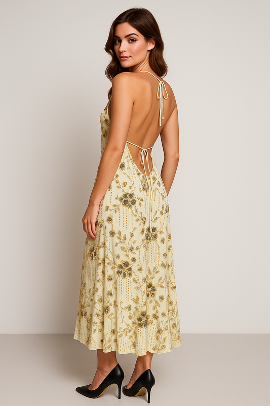 Golden Floral Embellished Backless Dress