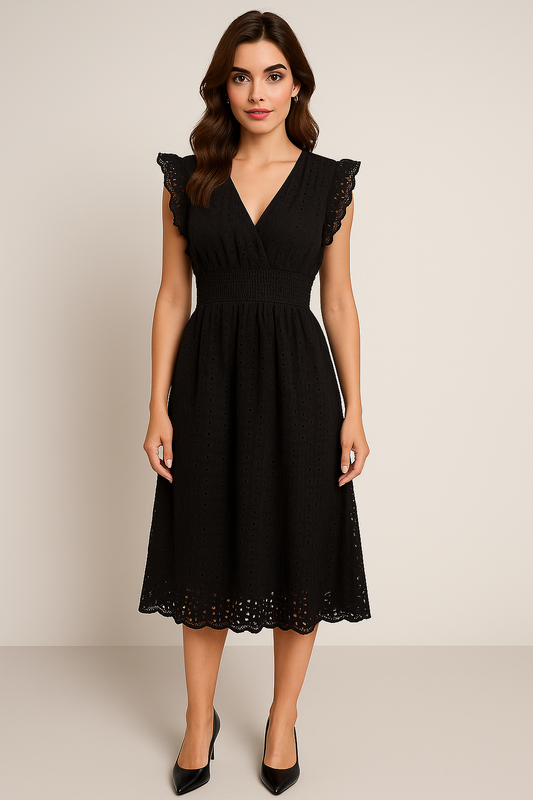 Black V-Neck Summer Dress – Flowy, Elegant, Casual/Beach/Party Size-M
