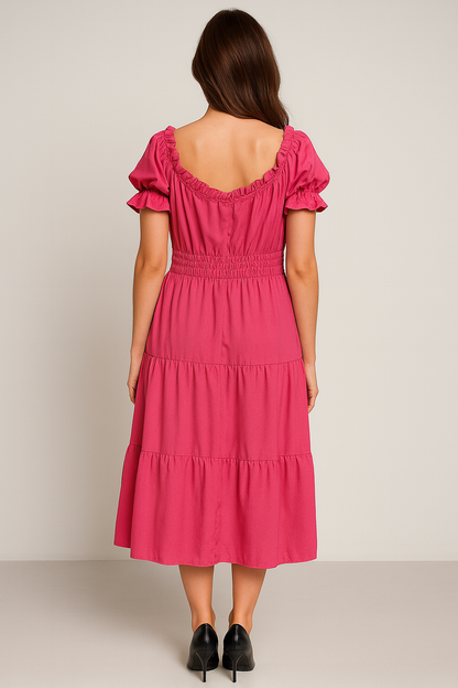 Fuchsia Puff-Sleeve Midi Dress – Feminine & Flowy Size Medium