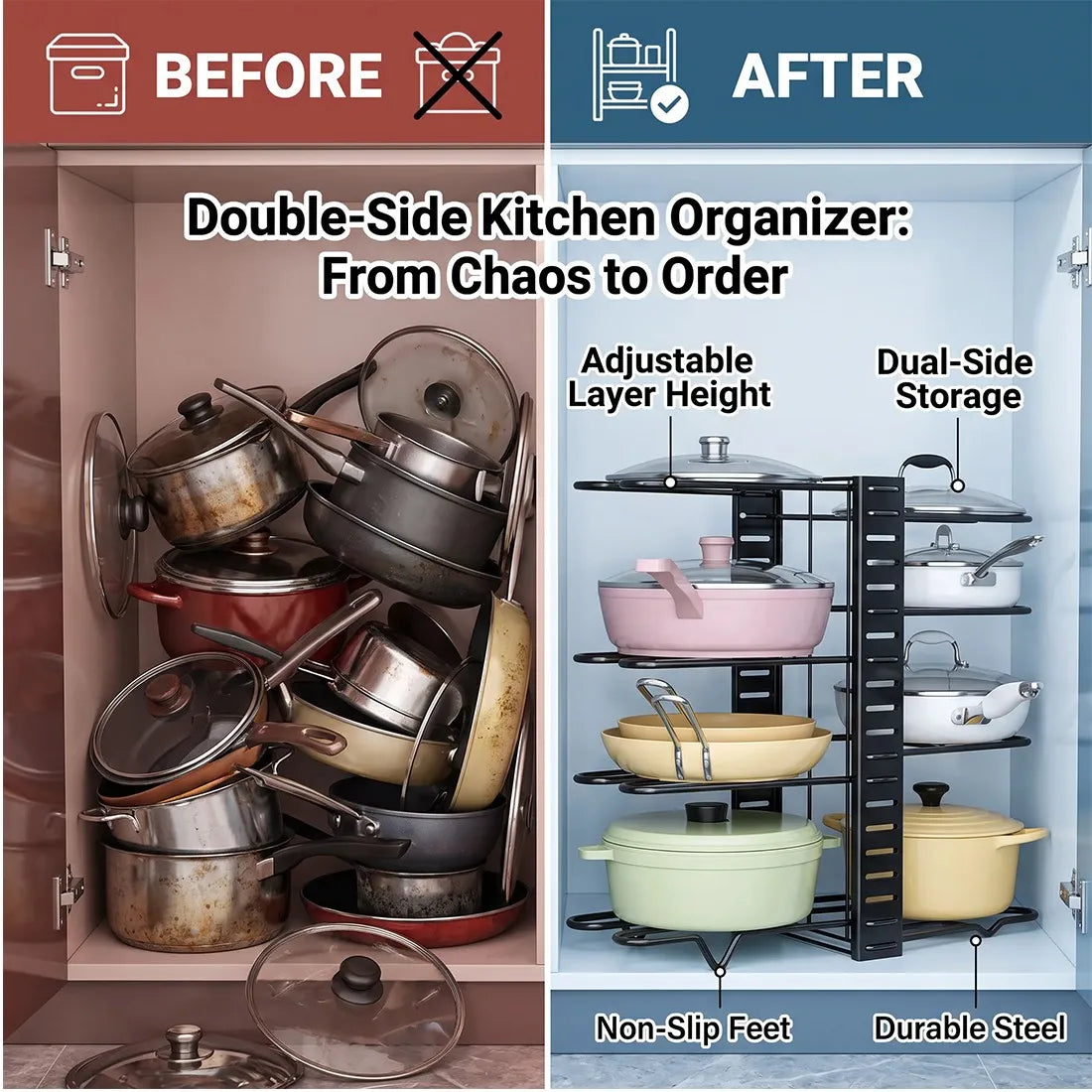 Adjustable Pot & Pan Organiser – 8 Dividers, 2-Tier