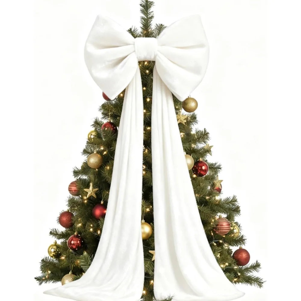 White velvet Christmas tree topper bow with long streamers