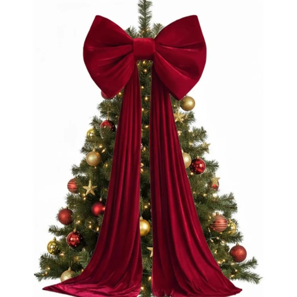 Dark red velvet Christmas tree topper bow with long streamers