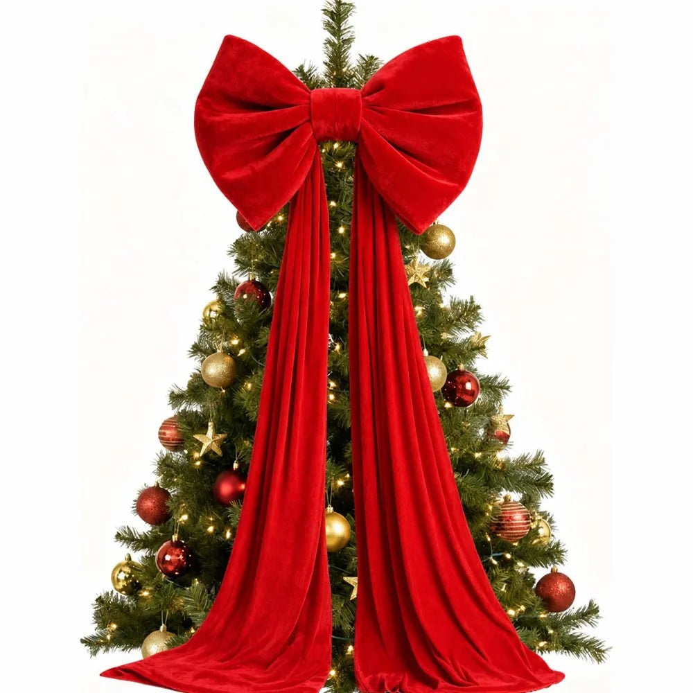 Red velvet Christmas tree topper bow with long streamers