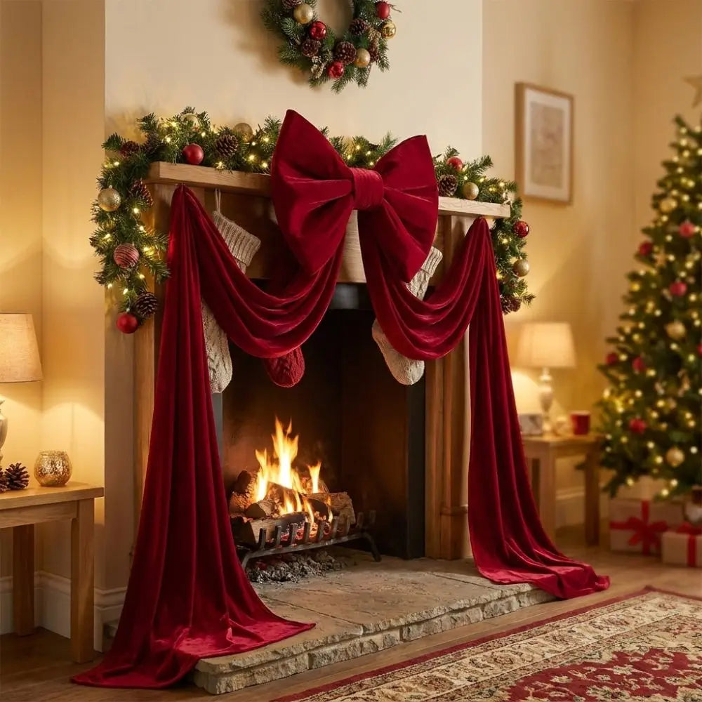 Dark red velvet Christmas bow with long streamers draped across a fireplace mantel