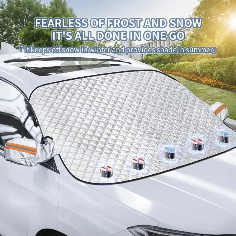 Windscreen cover with attached wing mirror covers, frost cover in winter and sun shade in summer