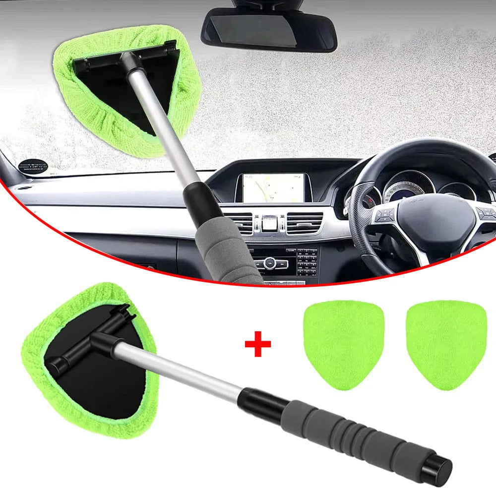 Telescopic windscreen cleaning tool with green microfibre pad inside a car, plus 2 spare green pads (Tool + 3 pads pack)
