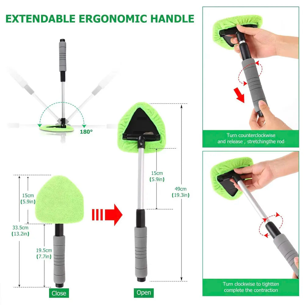 Windscreen cleaning tool size guide: approx. 33.5 cm closed, 49 cm extended, head tilts 180°, twist to extend and lock