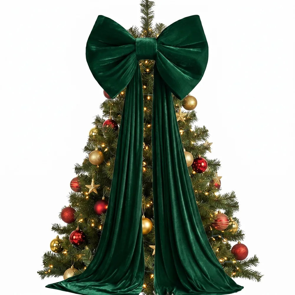 Green velvet Christmas tree topper bow with long streamers