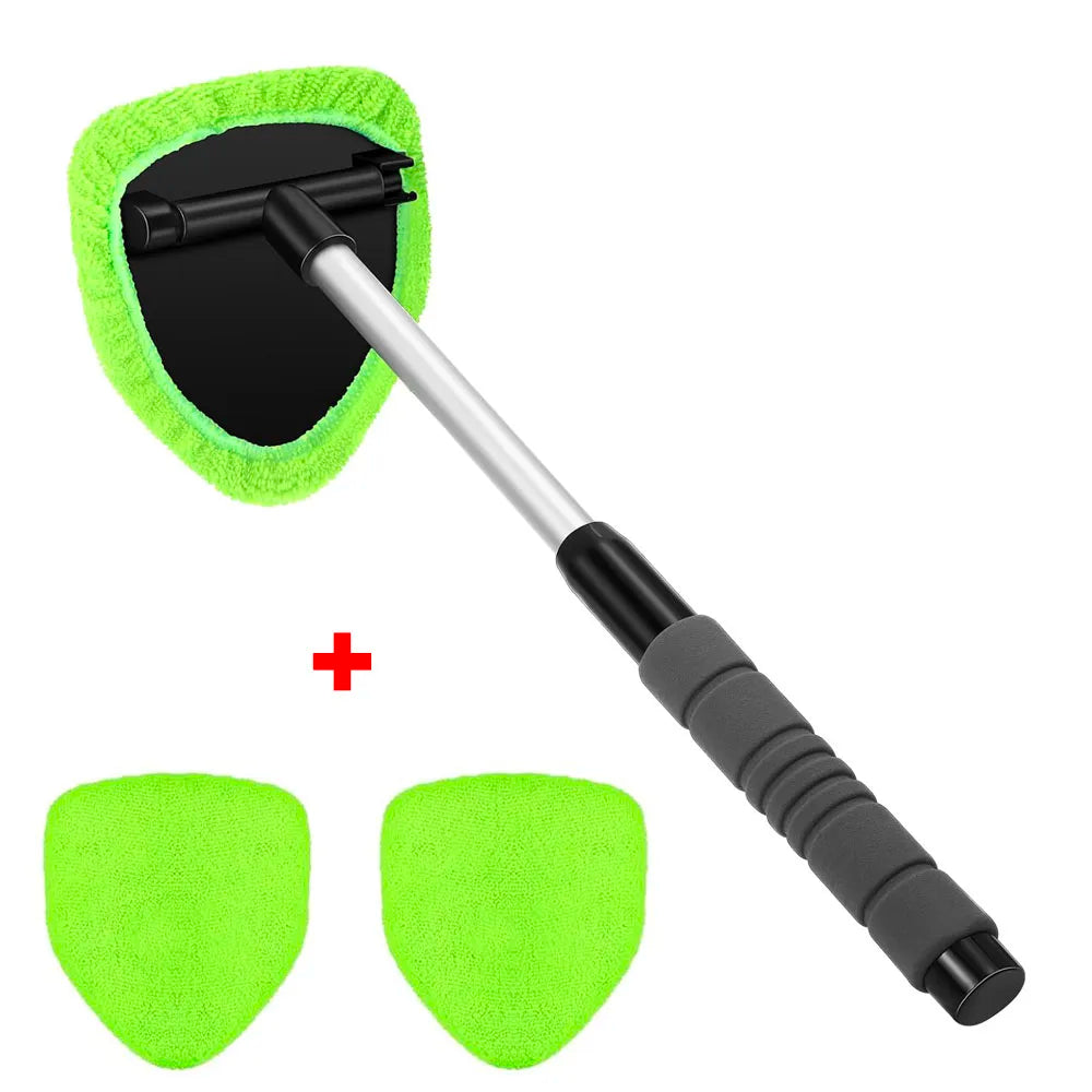 Green telescopic windscreen cleaning tool with fitted pad plus 2 spare microfibre pads