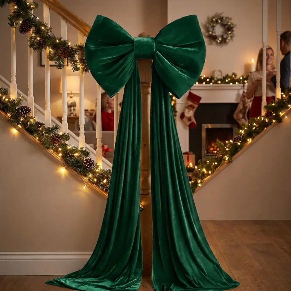 Green velvet Christmas bow with long streamers tied to a staircase newel post