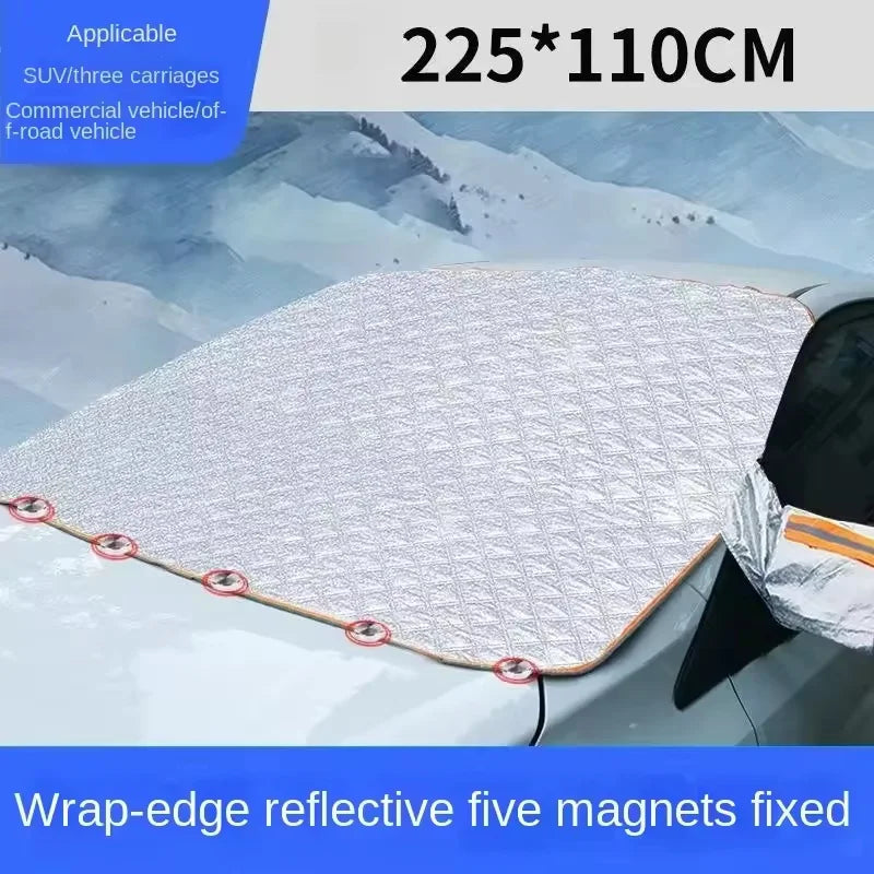 Large 225 x 110 cm windscreen cover with five magnets and wrap-edge reflective trim