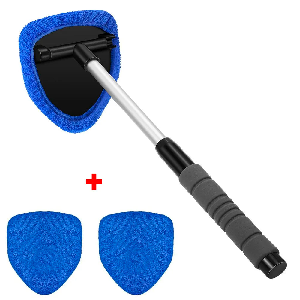 Blue telescopic windscreen cleaning tool with fitted pad plus 2 spare microfibre pads