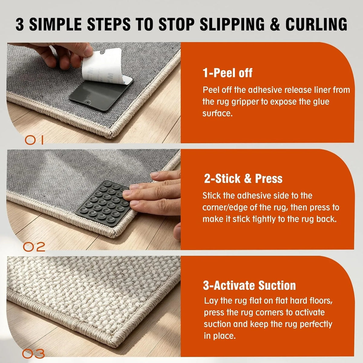 Rug Grippers – Anti-Curl Rug Corner Pads with Suction Cups (4 or 8 Pack)