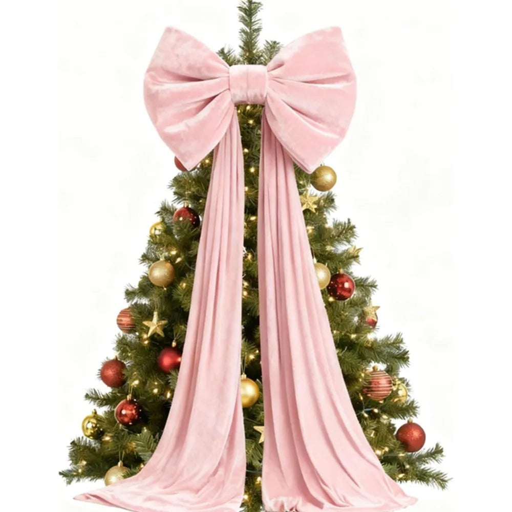 Pink velvet Christmas tree topper bow with long streamers