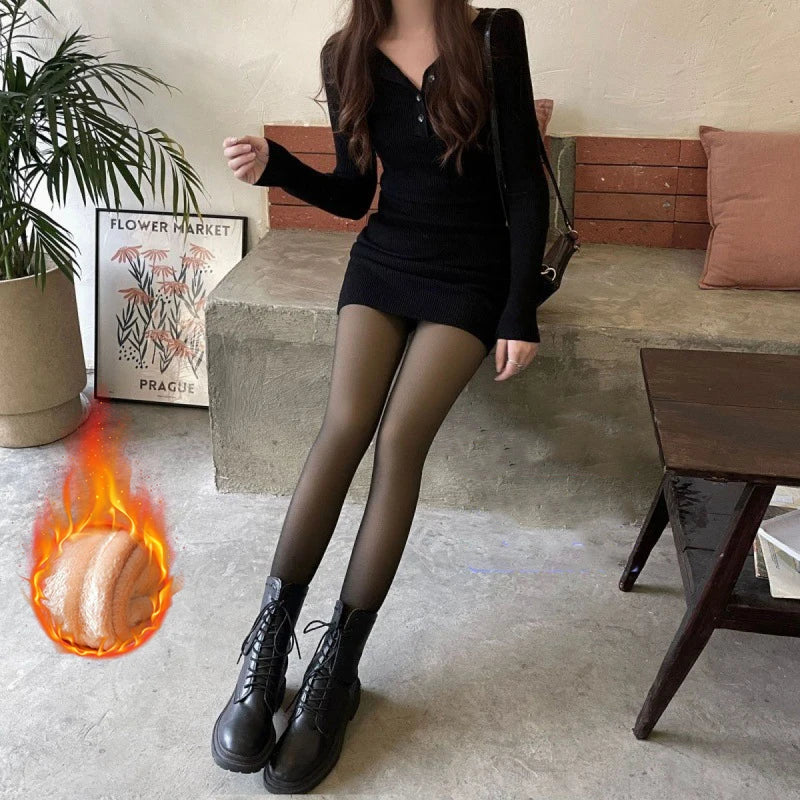 Fleece-Lined Thermal Tights – Sheer-Look Warm Winter Tights for Women