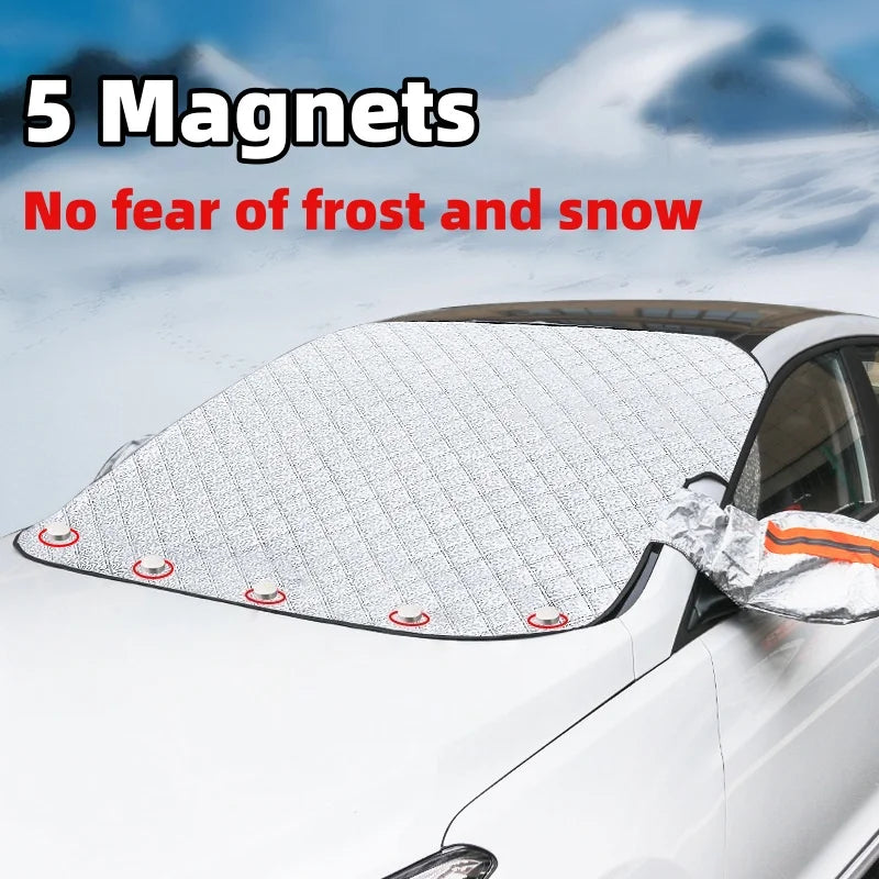 Magnetic windscreen frost cover with 5 magnets fitted on a car in the snow