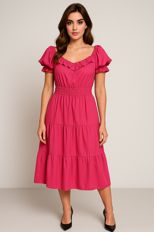 Fuchsia Puff-Sleeve Midi Dress – Feminine & Flowy Size Medium