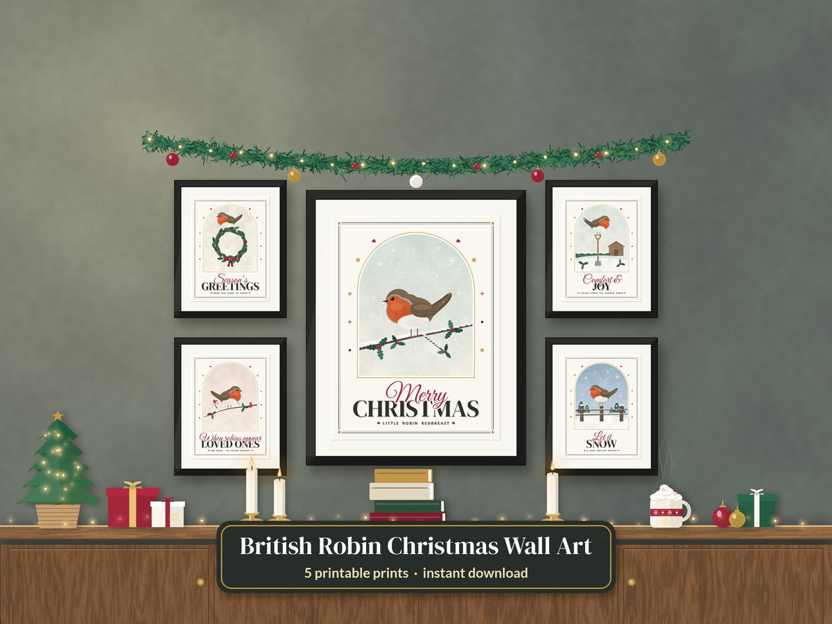 British Robin Christmas Wall Art set of 5 printable prints on a gallery wall