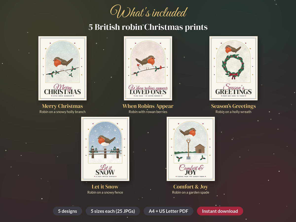 What's included: 5 robin redbreast Christmas print designs
