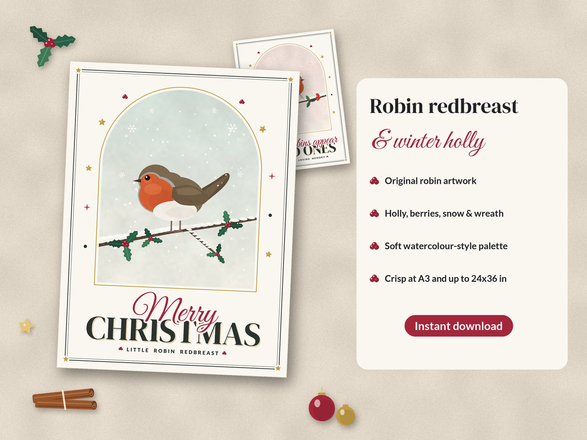 Close-up of the Merry Christmas robin redbreast print with winter holly