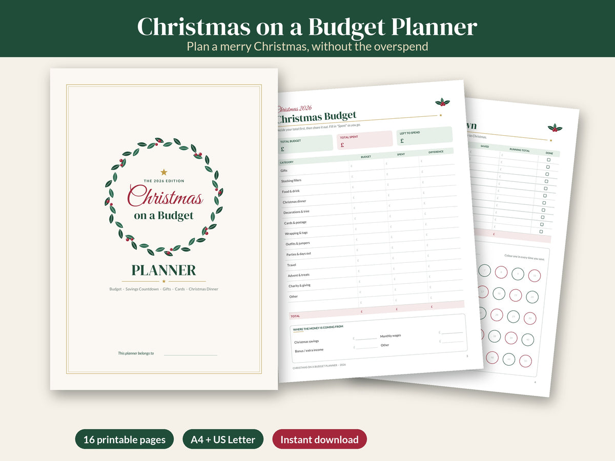 Christmas on a Budget Planner 2026 printable showing the cover, Christmas Budget page and savings countdown – 16 pages, A4 and US Letter, instant download