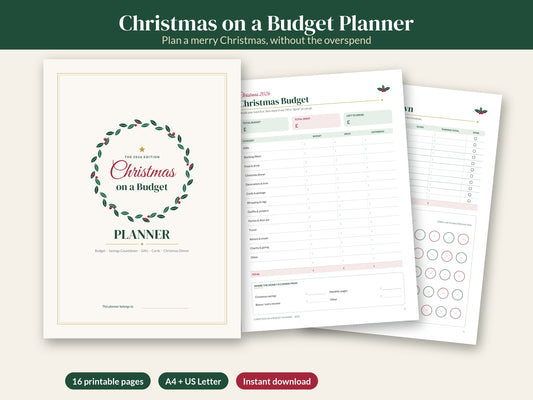 Christmas on a Budget Planner 2026 printable showing the cover, Christmas Budget page and savings countdown – 16 pages, A4 and US Letter, instant download