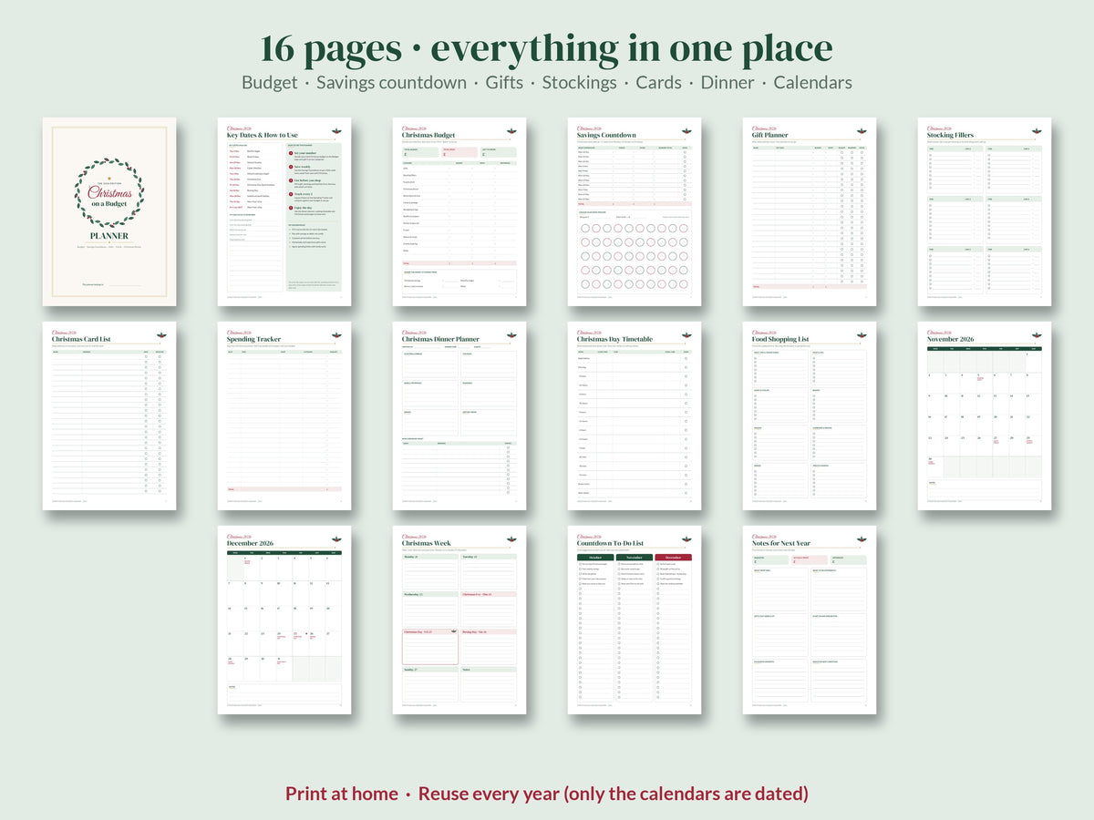 What's inside the Christmas Budget Planner 2026 UK: overview of all 16 printable pages