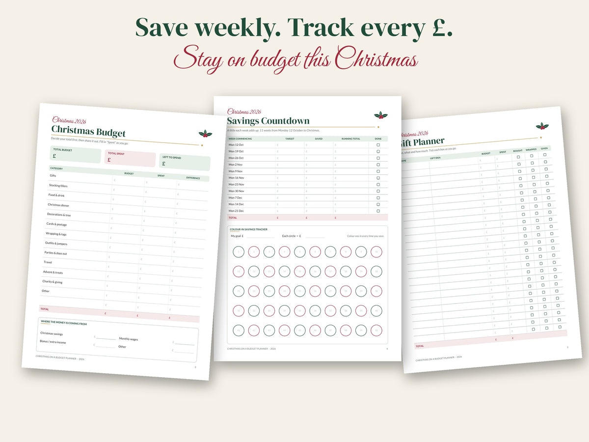 Christmas Budget and Savings Countdown pages from the printable Christmas planner