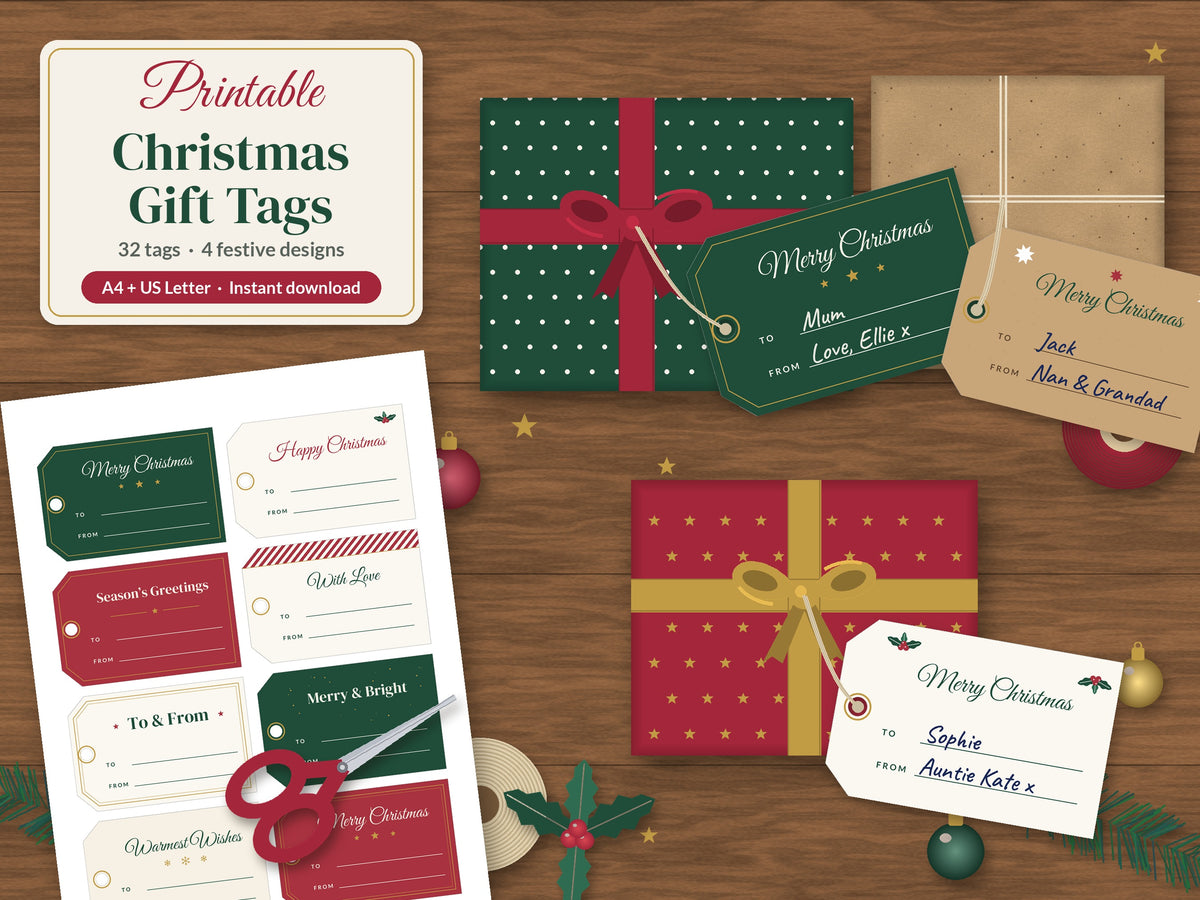 Printable Christmas gift tags mockup – 32 tags in 4 festive designs, instant PDF download