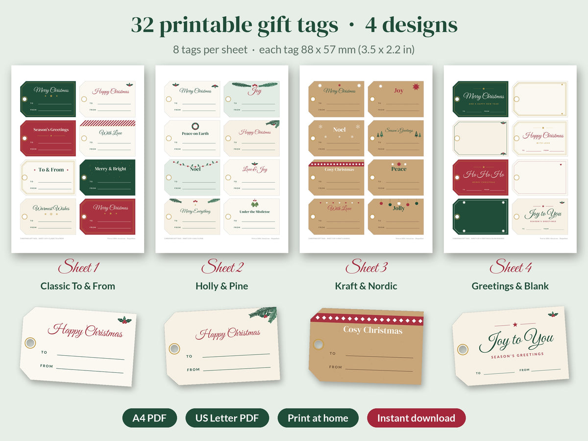 Overview of all four printable Christmas gift tag sheets