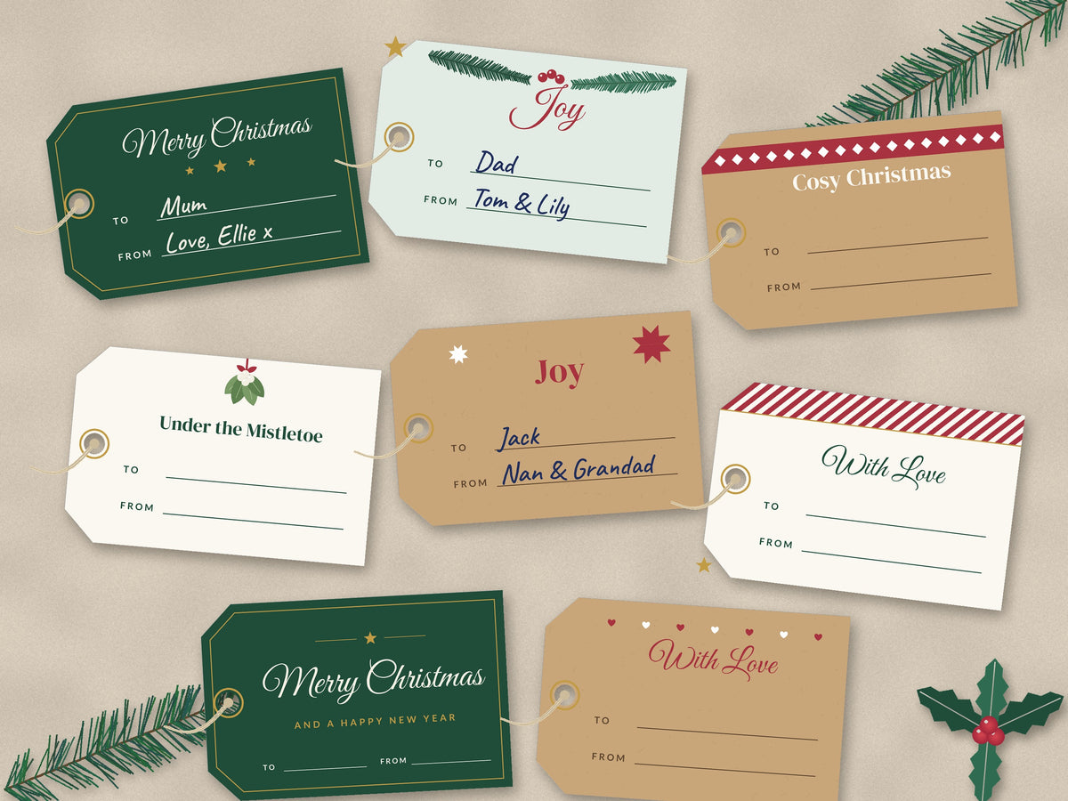 Close-up of printable Christmas gift tags with To and From lines