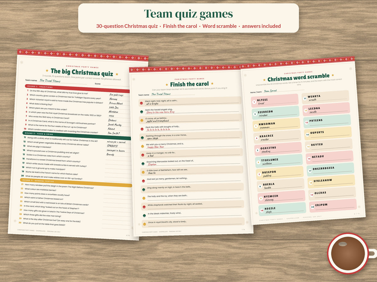 Christmas quiz, finish the carol and word scramble team games