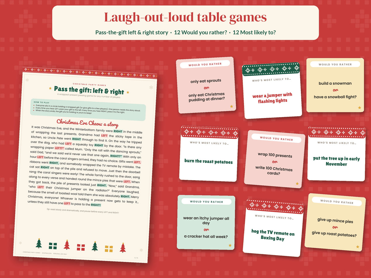 Pass the gift story, would you rather and most likely to cards