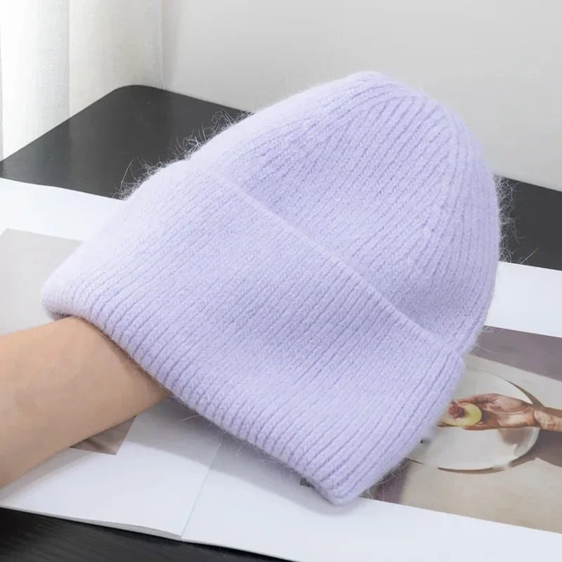 Light purple fleece-lined knit beanie with fold-up cuff