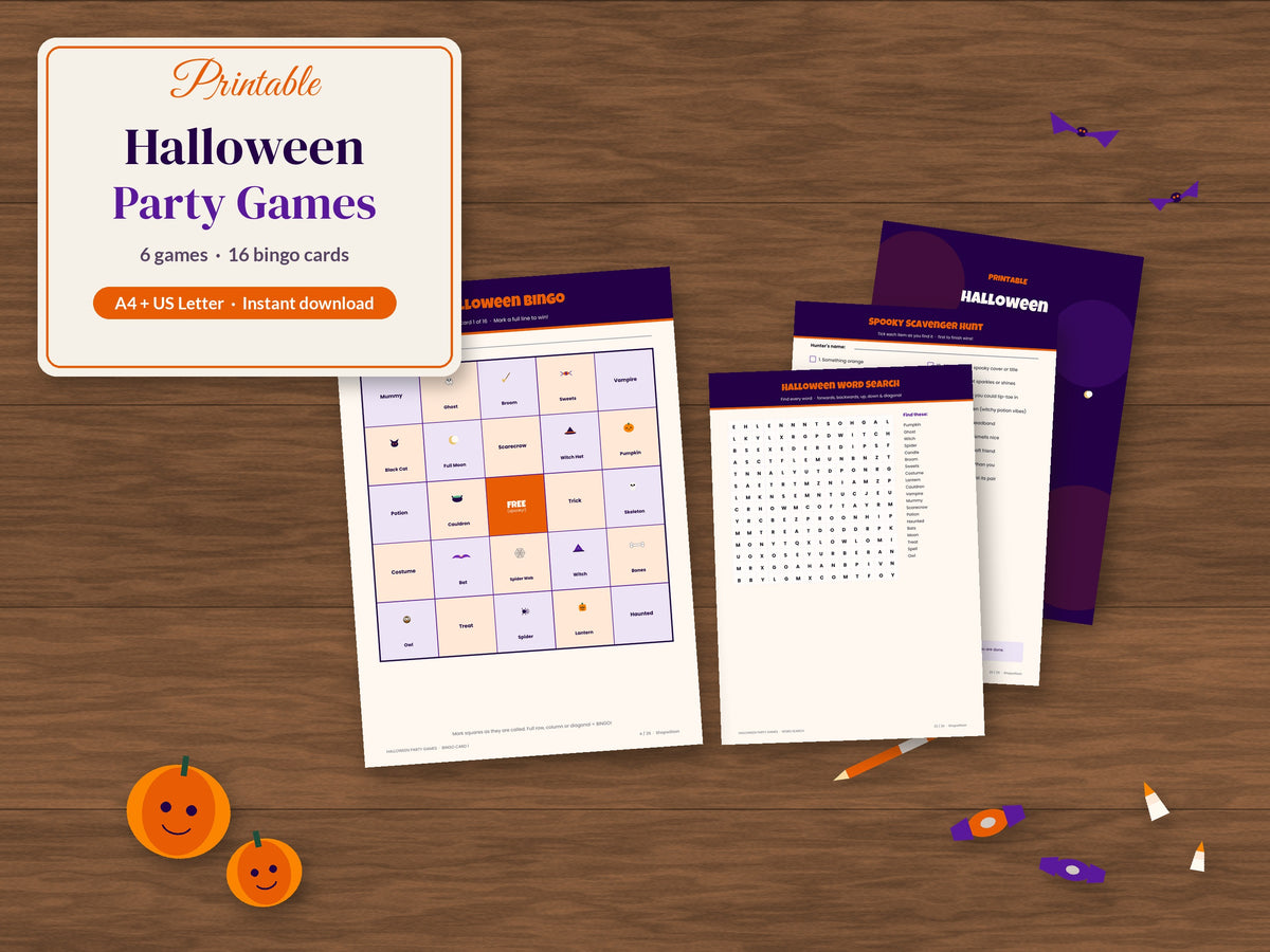 Printable Halloween party games bundle mockup – bingo, scavenger hunt and more, instant PDF download