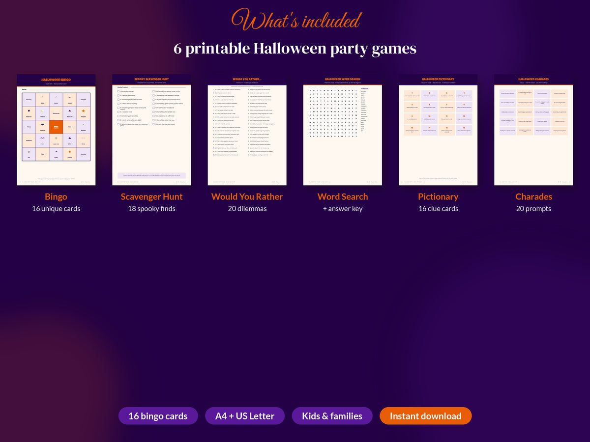What's included in the printable Halloween party games bundle – 6 games overview