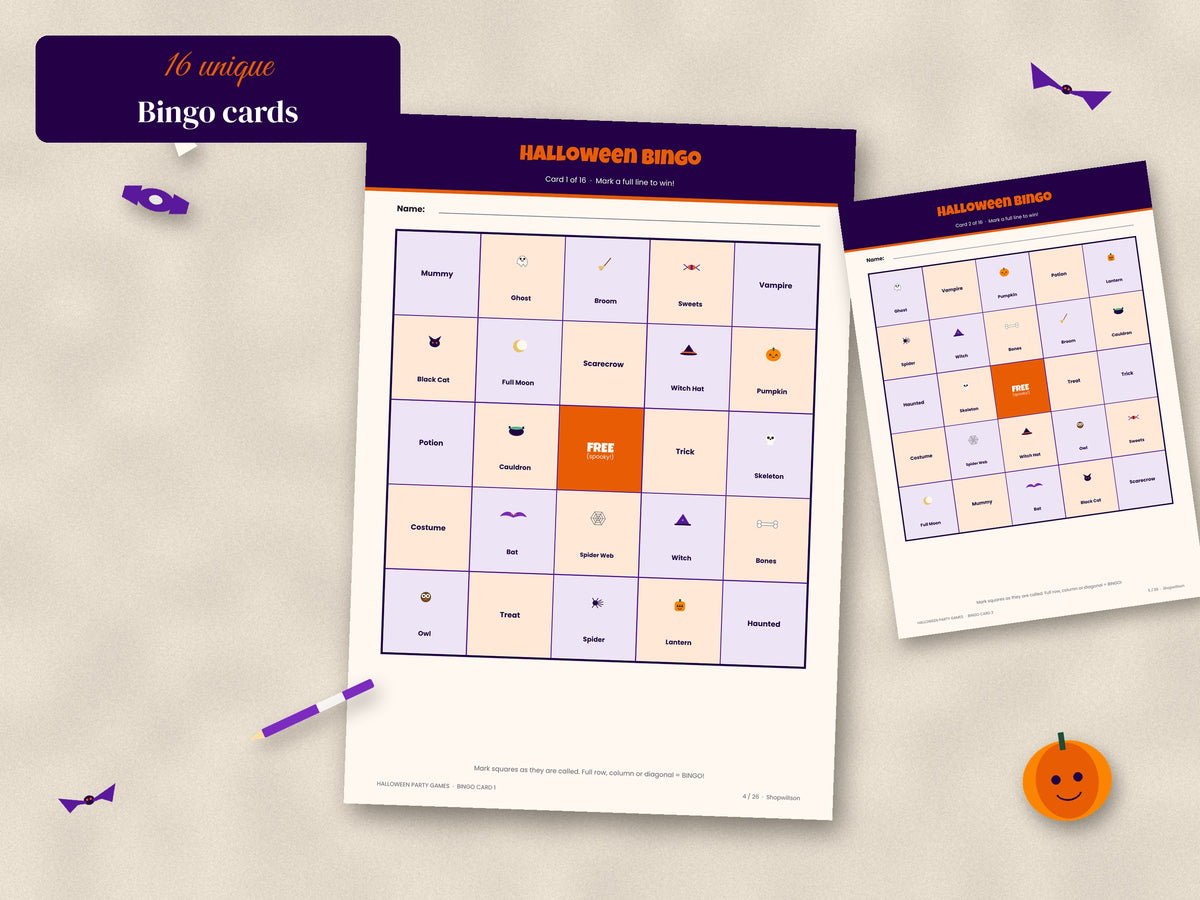 Close-up of printable Halloween bingo cards from the party games bundle