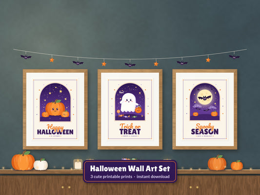 Halloween wall art set of 3 printable – cute pumpkin, ghost and bat prints, instant download
