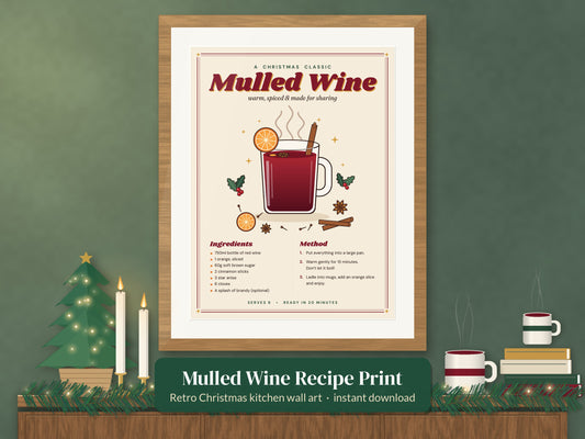 Retro Mulled Wine Recipe Print framed on a green wall above a festive sideboard – Christmas kitchen wall art, instant download