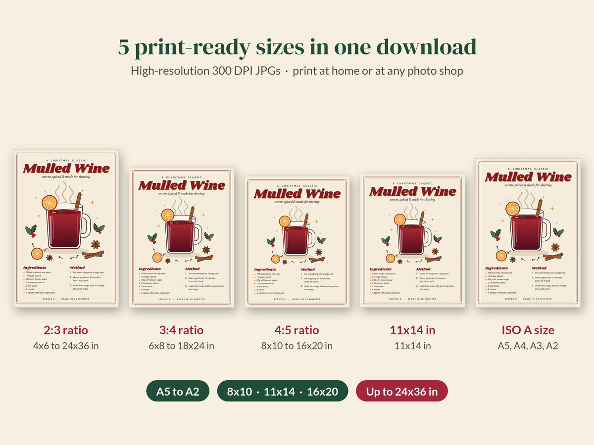 Mulled Wine Recipe Print in 5 print-ready sizes: 2:3, 3:4, 4:5, 11x14 in and ISO A sizes A5 to A2
