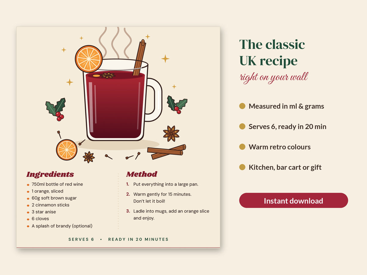 Close-up of the mulled wine recipe print showing ingredients and method in UK measures, serves 6