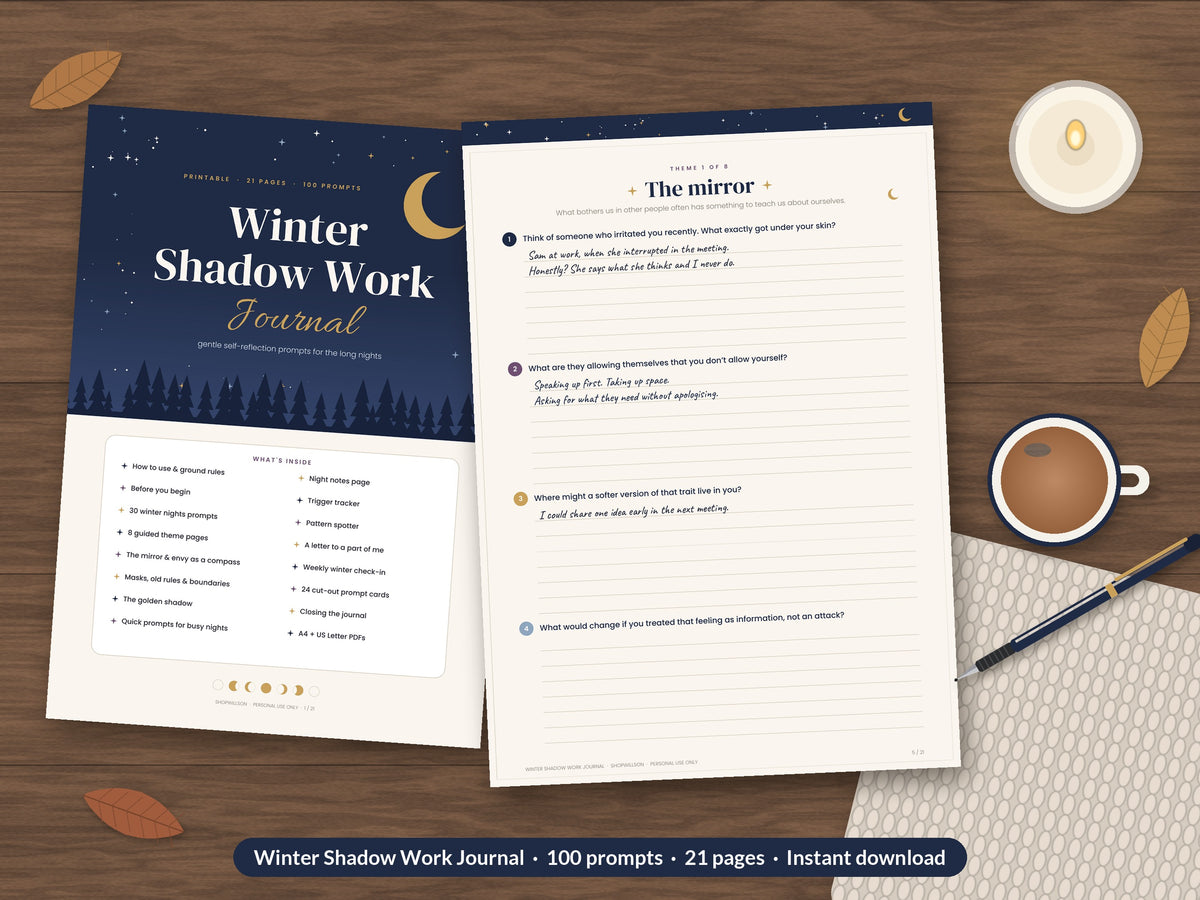 Winter Shadow Work Journal printable cover and The mirror prompt page