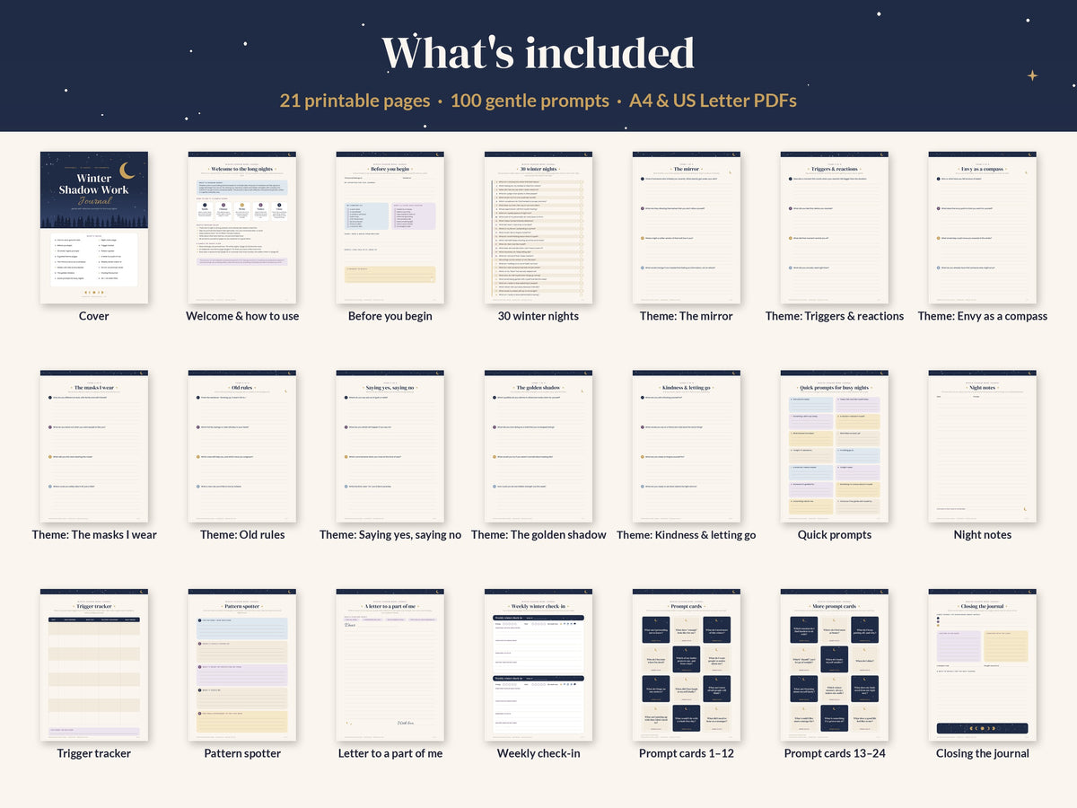 What's included in the Winter Shadow Work Journal: 21 pages, 100 prompts