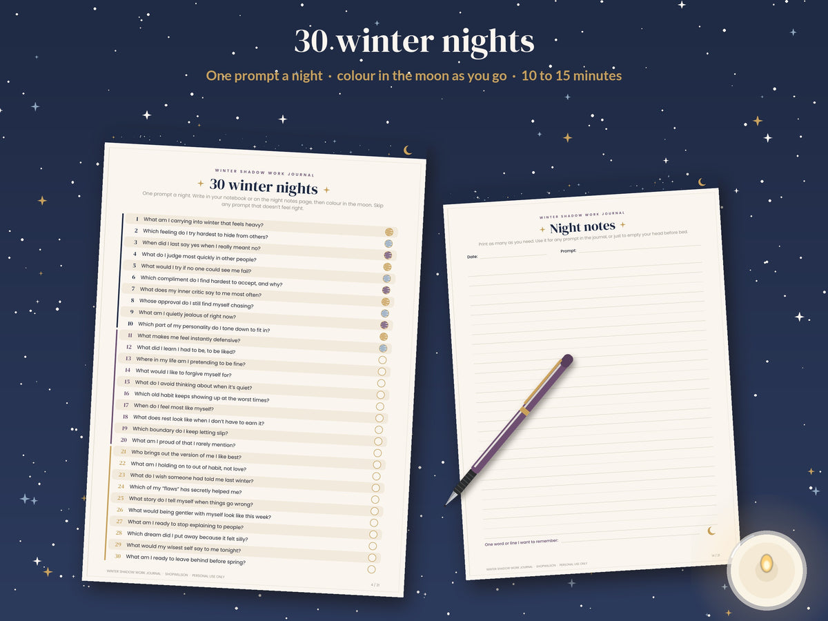 30 winter nights journal prompts page with moons to colour in