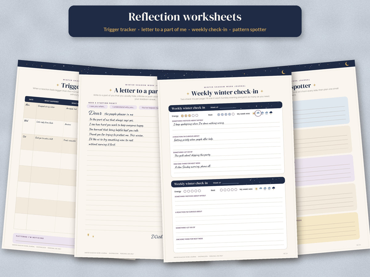 Trigger tracker, pattern spotter and weekly winter check-in reflection worksheets